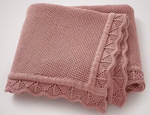 100% Cotton Baby Blanket - Pink Scalloped Edge knit crib bassinet