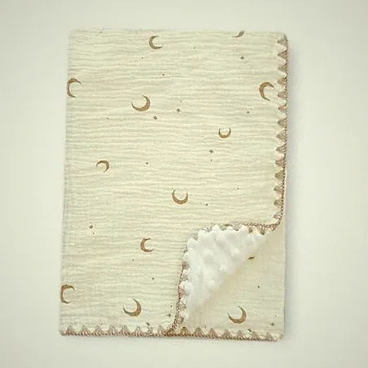 Baby Blanket Cotton Muslin Swaddle Thick Crib Bedding Dotted Backing Moon Stars