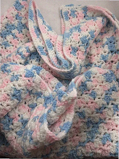 BABY BLUE PINK & WHITE CROCHET CRIB THROW BED BLANKET 48 x 50" HANDMADE COVER