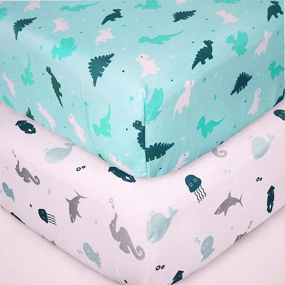 Crib Sheets 2 Pack Fitted 52"x28" Soft Breathable Baby Bedding Dinosaurs & Ocean