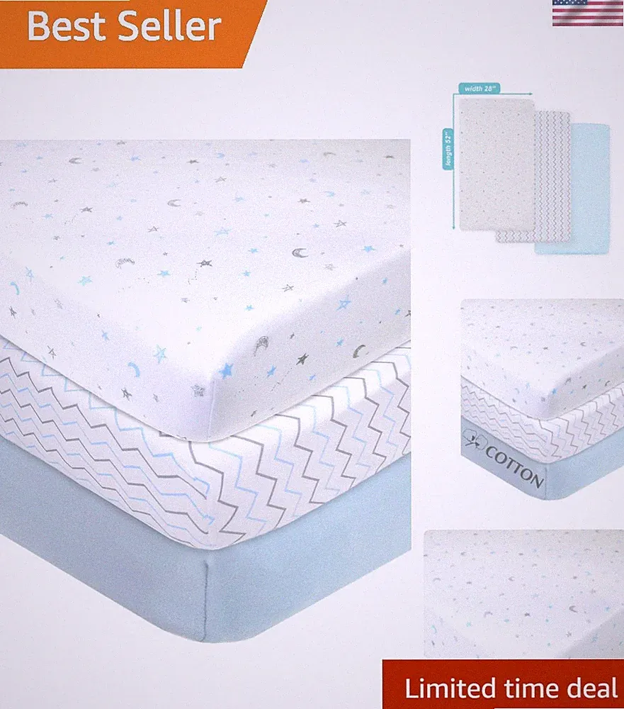 Crib Sheets 3 Pack Jersey Cotton Fitted Baby Bed Sheets Breathable Soft