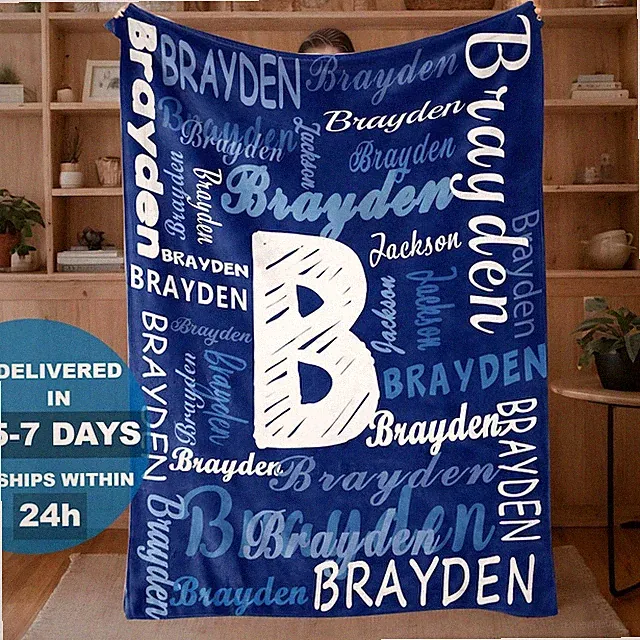 Custom Initial Baby Flannel Blanket, Boy Cozy Name Throw for Nursery