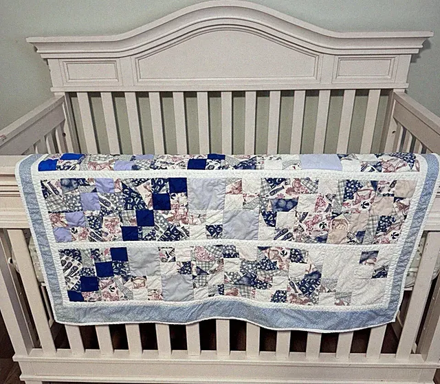 Handmade Baby Quilt Blue Patchwork Heirloom Nursery Crib Bedding 40x54 Gingham