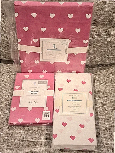 NEW Pottery Barn Kids Bright Pink Heart Toddler Duvet, Standard Sham, Crib Sheet