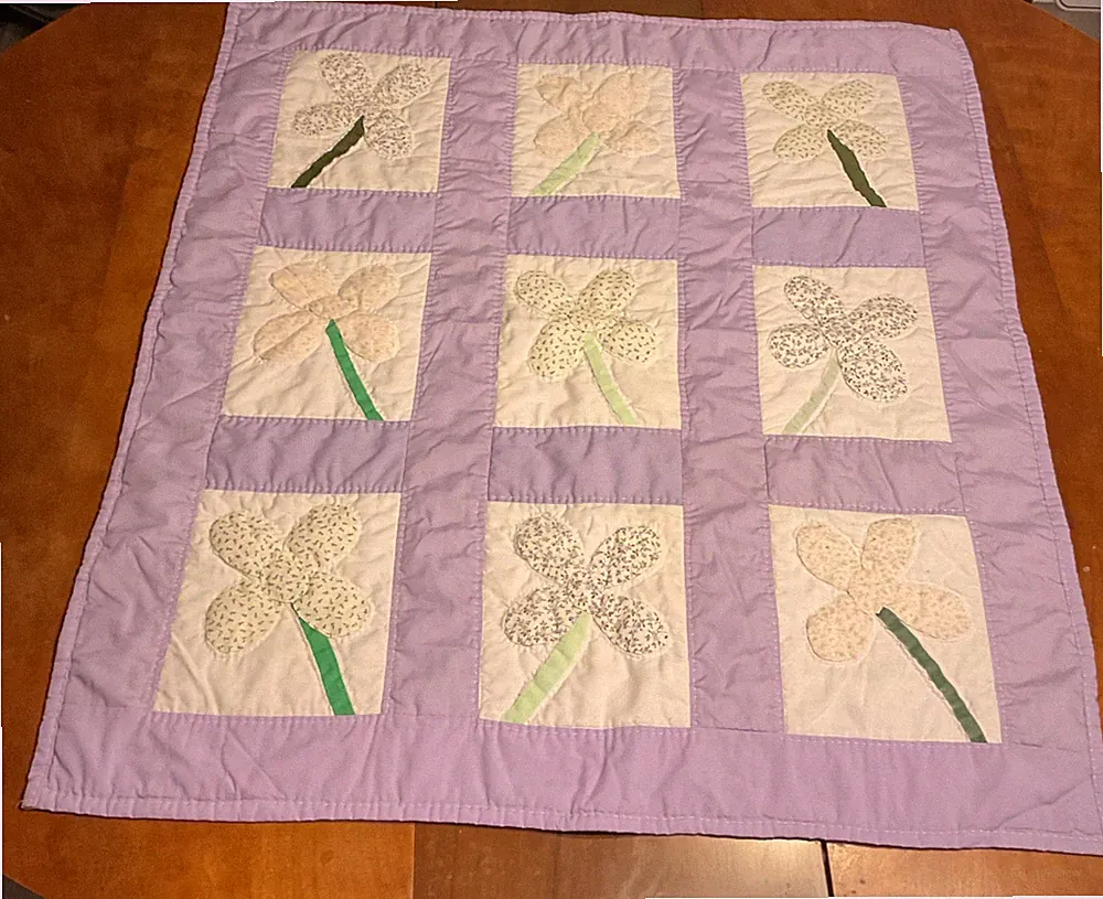 Nursery Crib Bedding Baby Quilt Blanket Handmade 31”x35”, Purple, Flowers