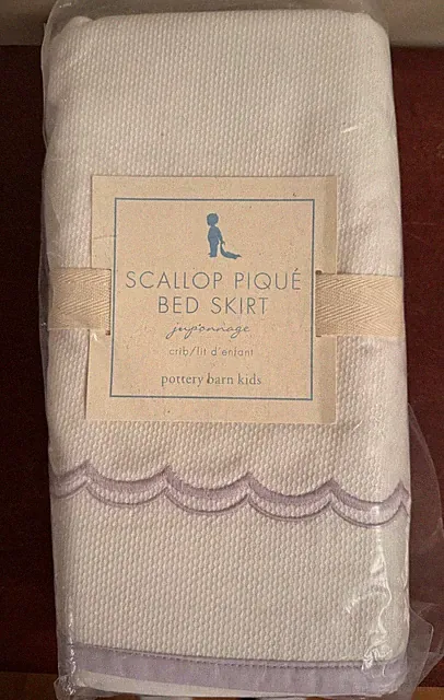 Pottery Barn Kids Scallop Pique Bed Crib Skirt White & Lavender Cotton 11” Drop