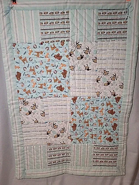 Quilted baby blanket Blue woodland animals monkeys stripes Crib Bedding Nursery