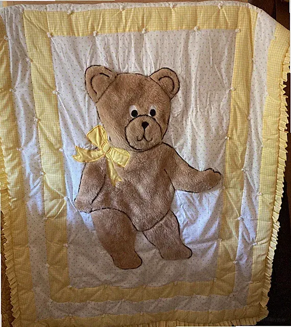 Teddy Bear Quilt Yellow Gingham Roses Nursery Baby Bedding 50 x 40"
