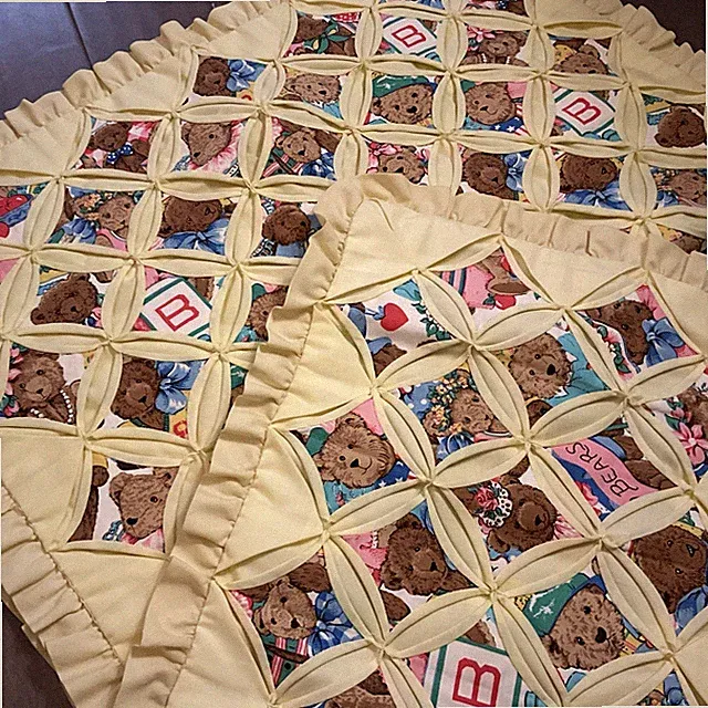 Vintage Cathedral Window Baby Quilt & Pillow Sham Yellow With Bears Cotton