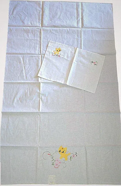 Vintage Kitschy Cats Crib Sheet And Pillowcase Toddler Bed Applique Embroidery